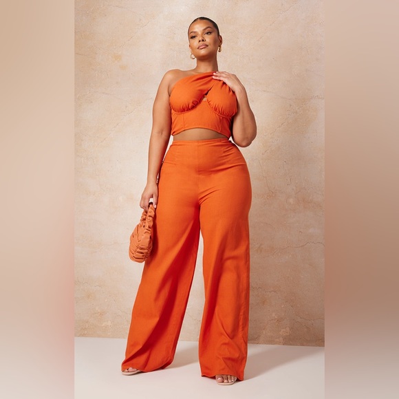 PrettyLittleThing Pants - PrettyLittleThing Rust Orange One Shoulder Crop Top and Wide Leg‎ Pants Set 14
